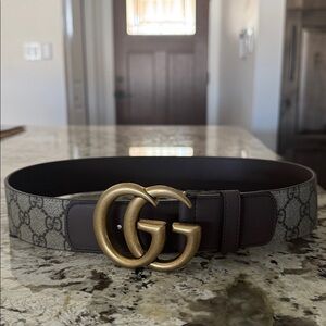 NWT * Gucci Double G Buckle GG Supreme Canvas & Leather Belt in Dark Brown